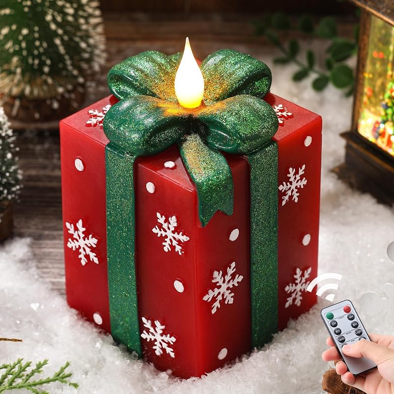 Christmas Flameless Gift Box Candle with Remote Timer - Hand-Painted Real Wax, Red
