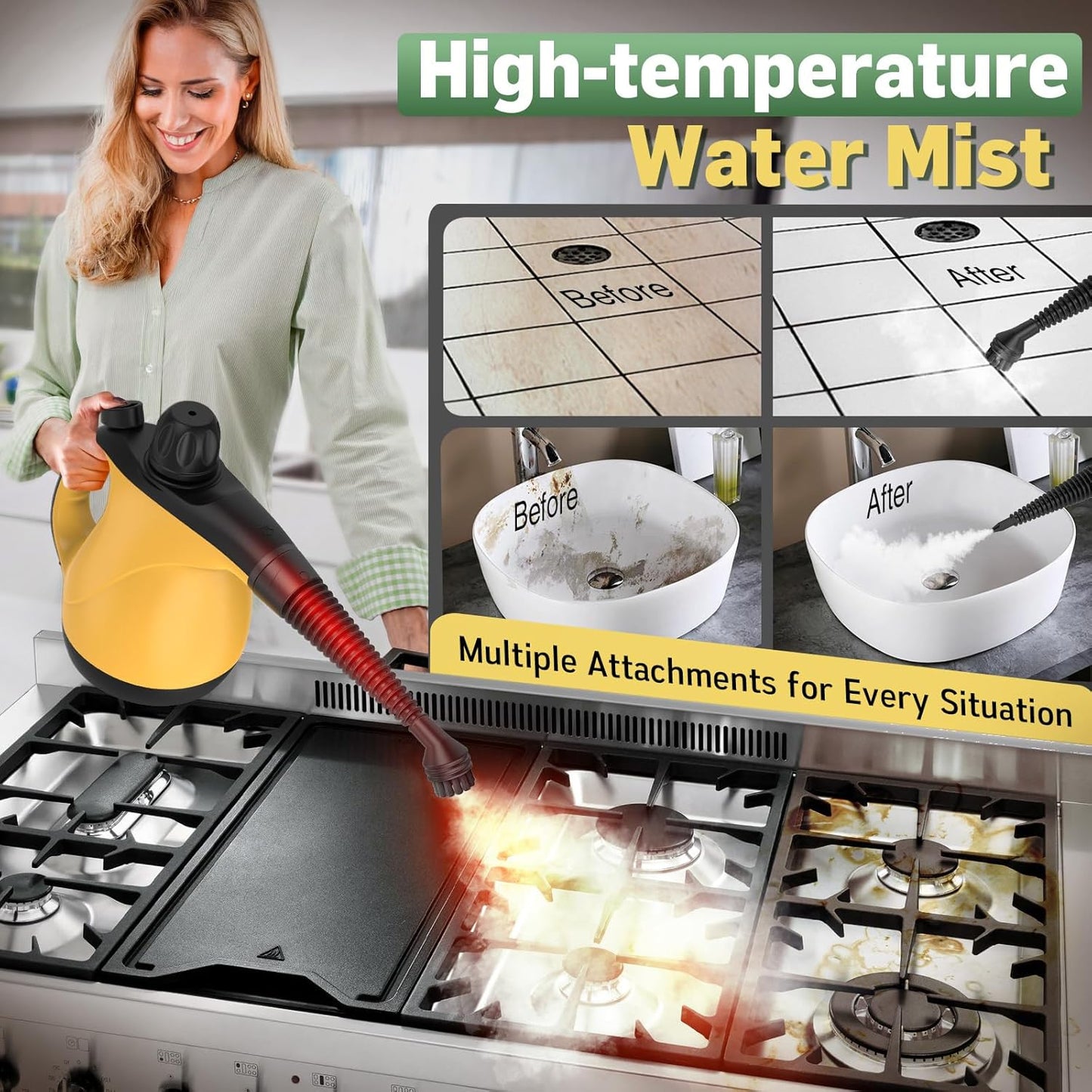 Pressurized Handheld Steam Cleaner for Home Deep Cleaning, Multi-Purpose Portable Steamer for Cleaning with 11 PCS Accessories for Dirt, Grease, Window, Car, Furniture, Bathroom, Couch, Tile and Grout