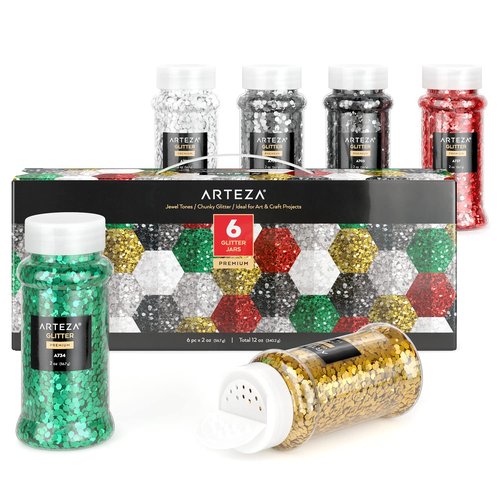 Arteza Chunky Glitter Set, 6 x 2-oz Bottles, Jewel-Toned Glitter for Resin, Glue, Acrylic Paint, Arts and Crafts Supplies for Creating DIY Projects and Holiday Art