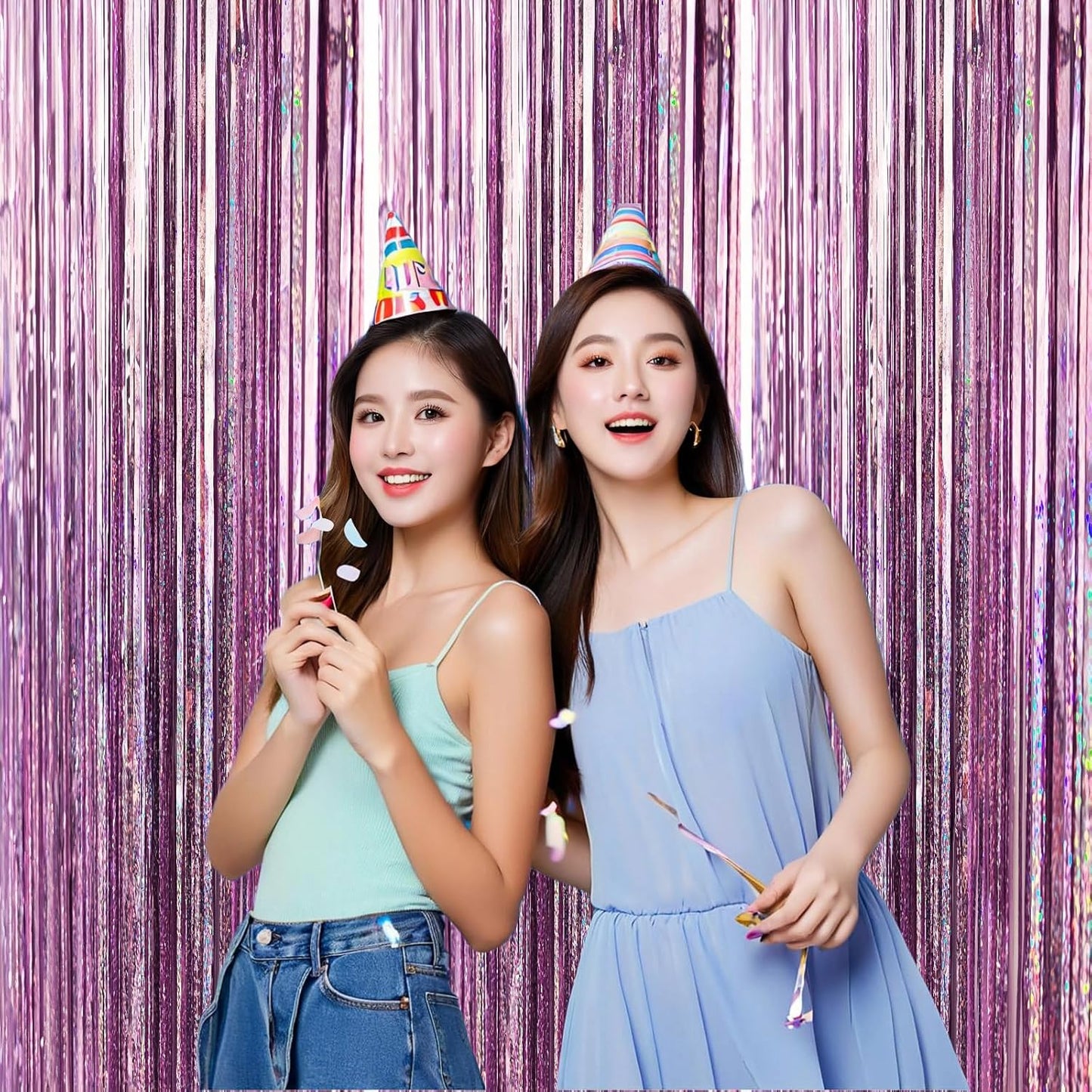 Skiennix Foil Curtain Backdrop - 3 Pack Tinsel Fringe Curtains for Parties & Events | 3.3x6.6 ft Pink