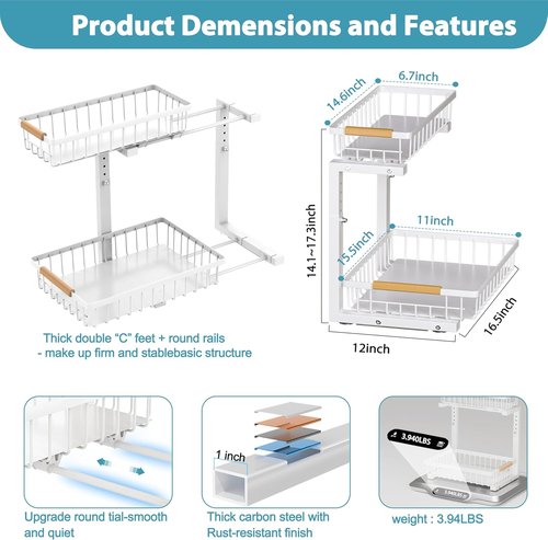 Liuoud Under Sink Organizer - 2 Pack Adjustable 2-Tier Storage for Kitchen & Bathroom Cabinets - White