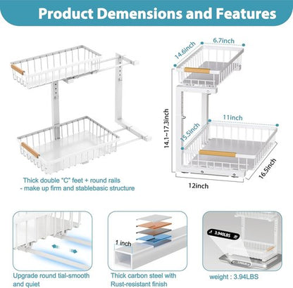 Liuoud Under Sink Organizer - 2 Pack Adjustable 2-Tier Storage for Kitchen & Bathroom Cabinets - White