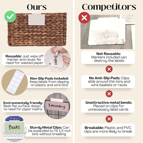Hygge & Sage Metal Non-Slip Basket Labels - 8 Labels, 8 Non-Slip Pads & Free Marker (Cream)