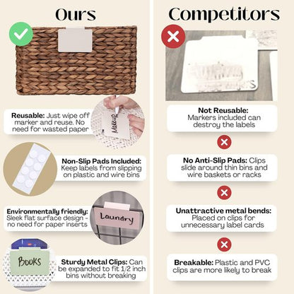 Hygge & Sage Metal Non-Slip Basket Labels - 8 Labels, 8 Non-Slip Pads & Free Marker (Cream)