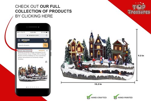Large Animated Christmas Village Skating Town - Lighted Musical Snow Scene with 4 Moving Skaters