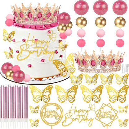 AMZVALU Crown Cake Topper Set - 3 Happy Birthday Decorations with Ball Candles & Butterflies | Rose Gold & Pink