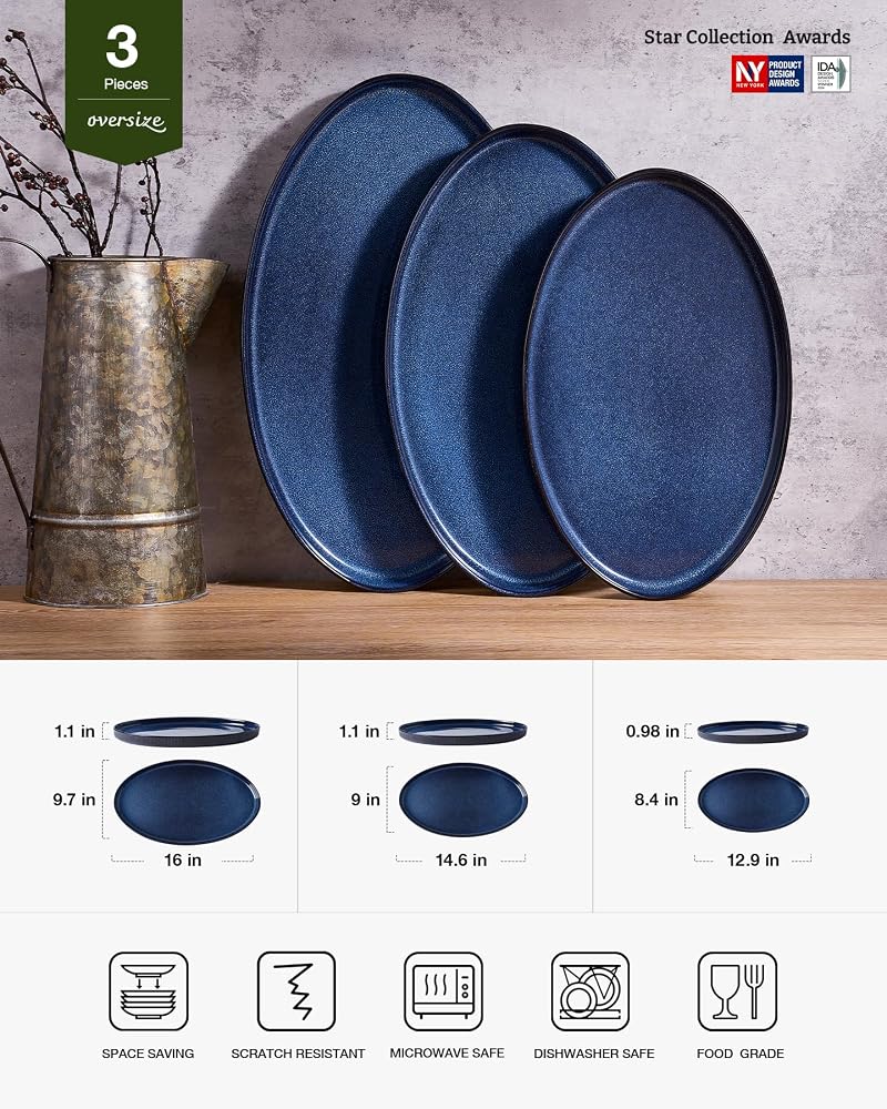 Famiware Nebulas Blue 3-Piece Large Oval Serving Platters Set (16", 14", 12")