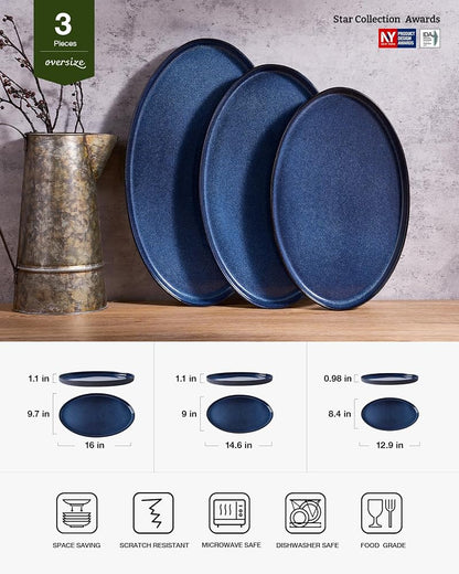 Famiware Nebulas Blue 3-Piece Large Oval Serving Platters Set (16", 14", 12")