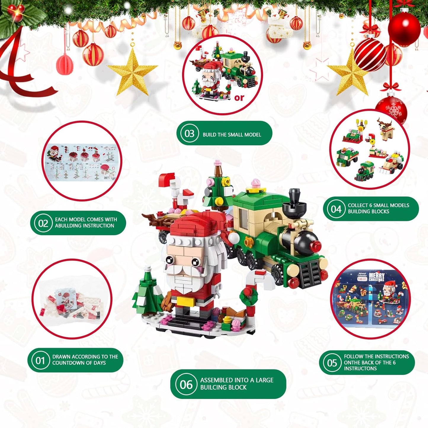Skiennix Christmas Advent Calendar - 6-in-1 Santa Claus Train Building Blocks | 12 Days Countdown Toy for Kids