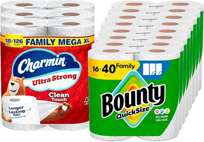 Bounty Quick-Size Paper Towels - Ultra Absorbent White Rolls | 16 Family Rolls  
Charmin Ultra Strong Clean Touch Toilet Paper - Soft & Durable | 18 Mega XL Rolls
