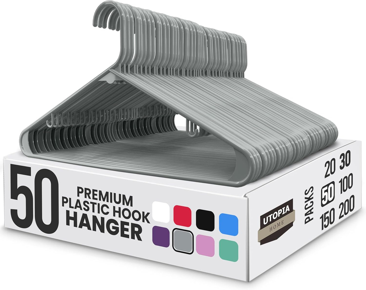 Utopia Home Plastic Hangers 50 Pack - Durable Space-Saving Closet Organizers - Ideal for Shirts, Pants & Coats (Grey)
