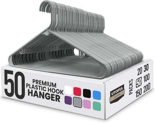 Utopia Home Plastic Hangers 50 Pack - Durable Space-Saving Closet Organizers - Ideal for Shirts, Pants & Coats (Grey)
