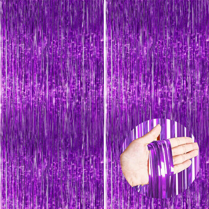 PartyWoo Purple Foil Fringe Curtain Backdrop - 2 Pack 3.3x6.6 Ft Metallic Streamers for Parties