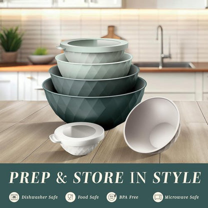 COOK WITH COLOR Mixing Bowls Set - 12-Piece Microwave Safe Plastic Nesting Bowls with Lids, Green Diamond