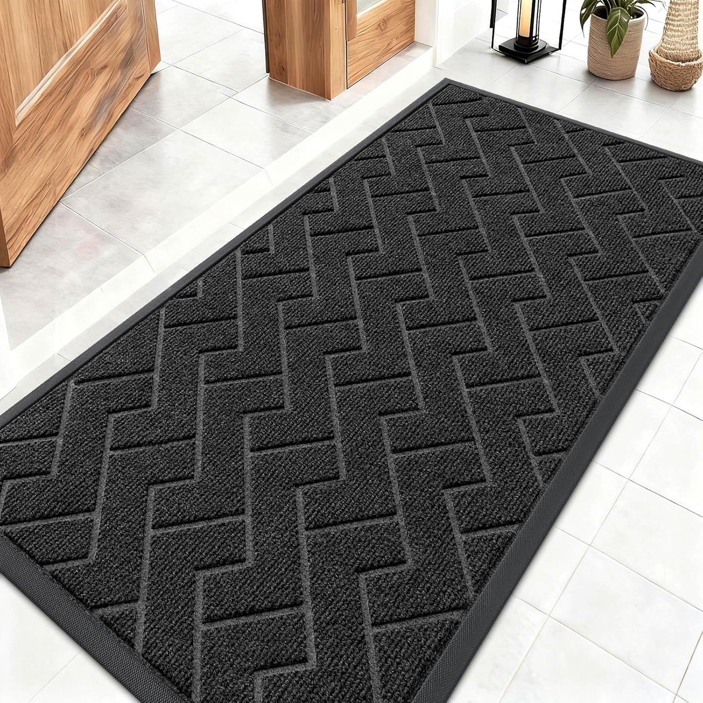 OLANLY Waterproof Front Door Mat - All-Weather Herringbone Design | Easy Clean, Low Profile (Black, 47x23)