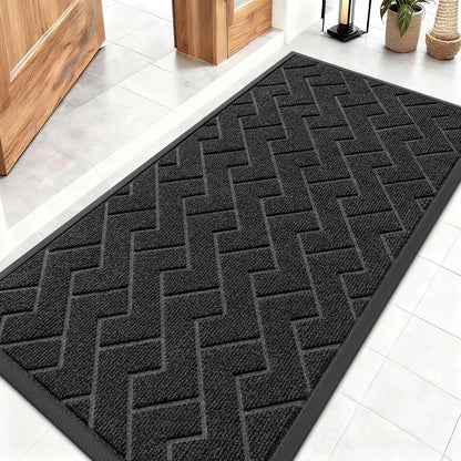 OLANLY Waterproof Front Door Mat - All-Weather Herringbone Design | Easy Clean, Low Profile (Black, 47x23)