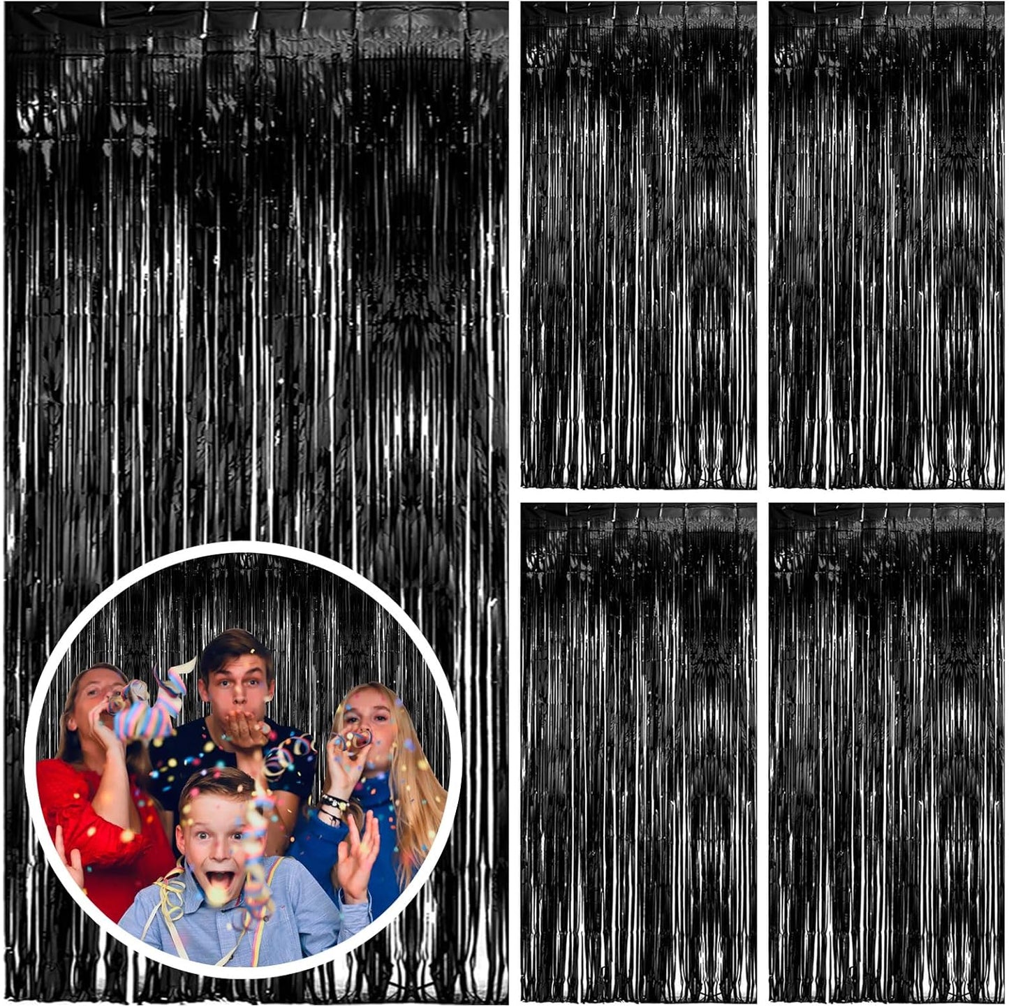 Skiennix Black Party Streamers - Tinsel Foil Fringe Curtains for Halloween & Birthday Decor | 5 Pack