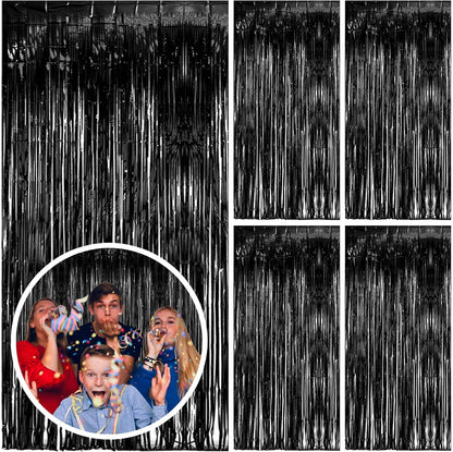 Skiennix Black Party Streamers - Tinsel Foil Fringe Curtains for Halloween & Birthday Decor | 5 Pack