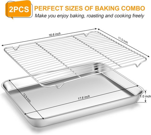 Homikit Baking Half Sheet - Stainless Steel Cookie Sheet with Rack | 18" x 13" Nonstick Oven Tray