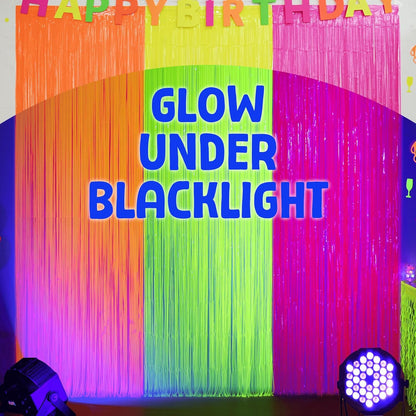 Mega-L Glow In The Dark Party Supplies - 3 Pack Neon Tinsel Foil Fringe Curtains | 9.9 x 6.6 ft Backdrop for Birthday & New Year's Eve Celebrations