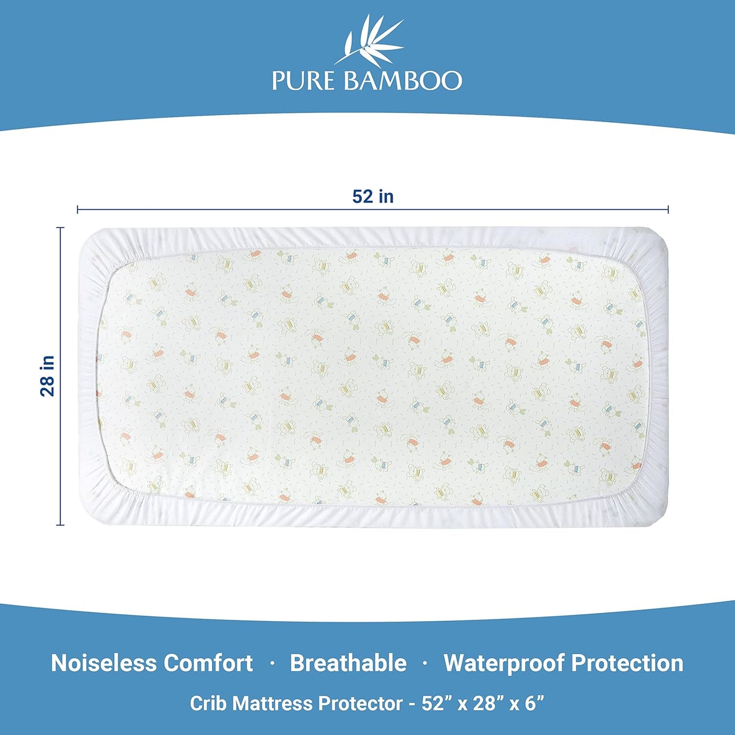 Pure Bamboo Bamboo Crib Mattress Protector - Waterproof, Breathable & Noiseless Cover | Fits 52x28x6 Inch Mattress