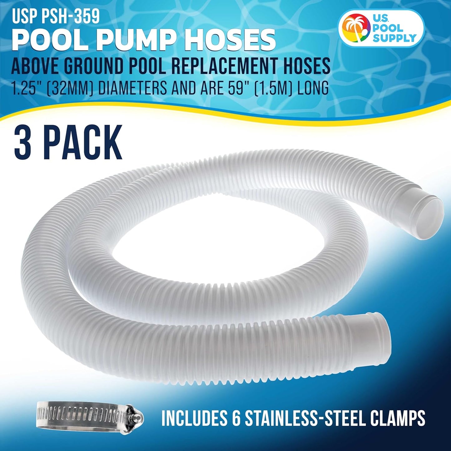 U.S. Pool Supply Premium Above Ground Pool Hose Replacement - 1.25" Diameter x 59" Long, Pack of 3, White | Compatible with Intex Pumps