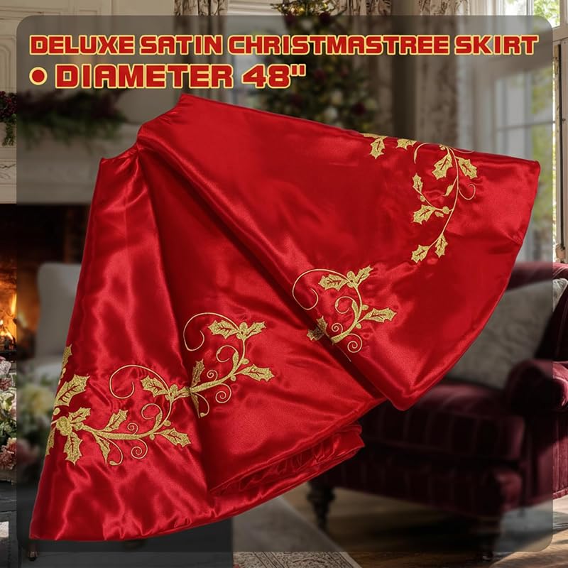 Burgundy 48-Inch Satin Christmas Tree Skirt with Gold Holly Embroidery - Variation of Burgundy