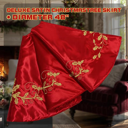 Burgundy 48-Inch Satin Christmas Tree Skirt with Gold Holly Embroidery - Variation of Burgundy