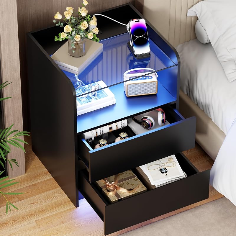 Night Stand with Charging Station and LED Lights - 2 Drawers, Glass Top