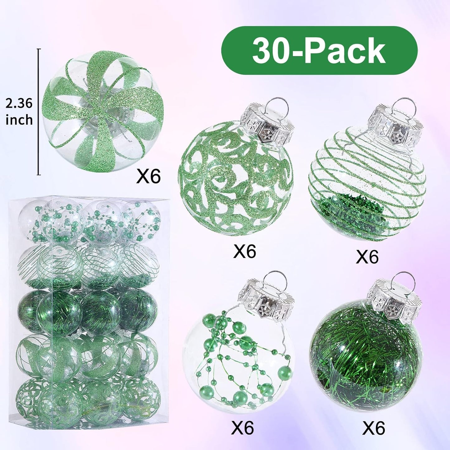 Skiennix Christmas Ornaments Set - 30pcs Shatterproof Green & Clear Baubles for Holiday Decor