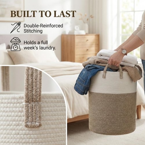 JMvicyroam Large Woven Laundry Basket Hamper,60L Cotton Rope Storage Bin for Blankets,Toys and Clothes,Decorative Tall Nursery Hamper for Living Room,Baby Nursery,Bathroom and Bedroom,Brown