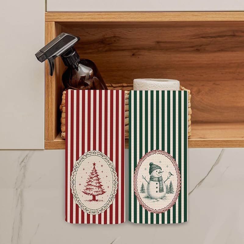 Vintage Red & Green Stripe Christmas Kitchen Towels 16x24 - Variation Christmas-75