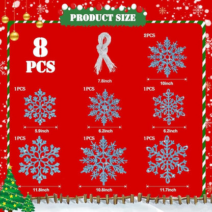 8pcs Large Snowflake Ornaments – Blue, Plastic Glitter Hanging Snowflakes for Christmas Tree & Winter Decor (Variation: 8pcs, Blue)
