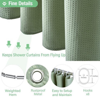 Dynamene Stall Fabric Shower Curtain - 48 inch Wide Waffle Weave Weighted Thick Cloth Shower Curtain for Bathroom, Neutral Heavy Duty Hotel Spa Luxury Bath Curtain Set with 8 Hook, 48x72, Sage Green