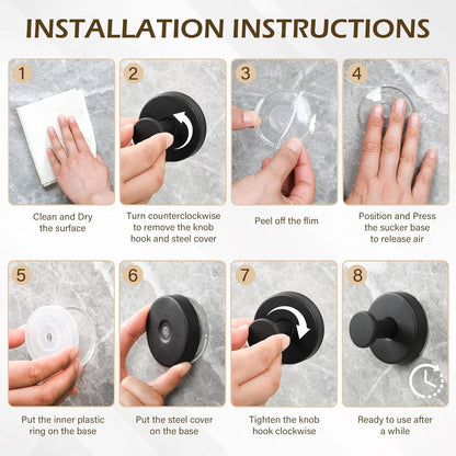 Ninth Five Heavy Duty Shower Suction Cup Hooks - Removable Bathroom Wall Hooks for Towels & Robes | 4 Pack, Black