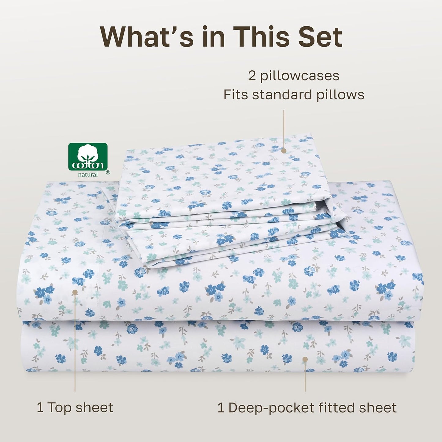 California Design Den Queen Size Cotton Sheet Set - 100% Soft, 400 TC, Award-Winning Sateen Finish | Floral White/Blue