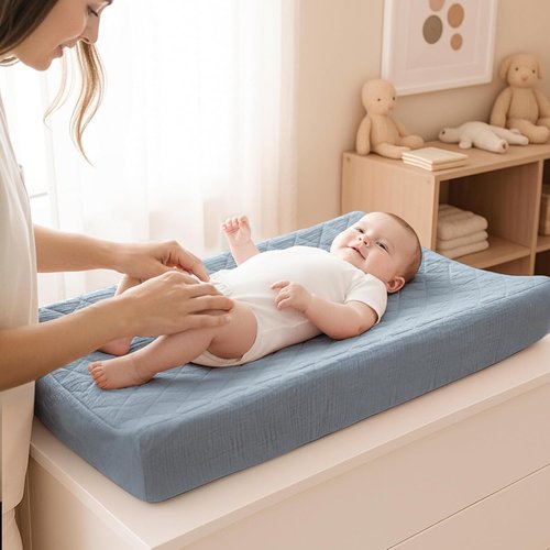 Konssy Waterproof Muslin Changing Pad Cover - Soft Quilted Cotton Sheets for Boys & Girls | 2 Pack (Star, Blue)