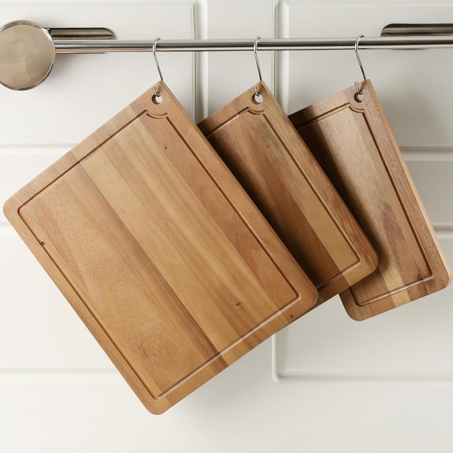 Sango Acacia Cutting Board Set - 3-Piece Wood Chopping Boards with Juice Grooves & Hanging Holes | Stackable, Reversible, Non-Toxic