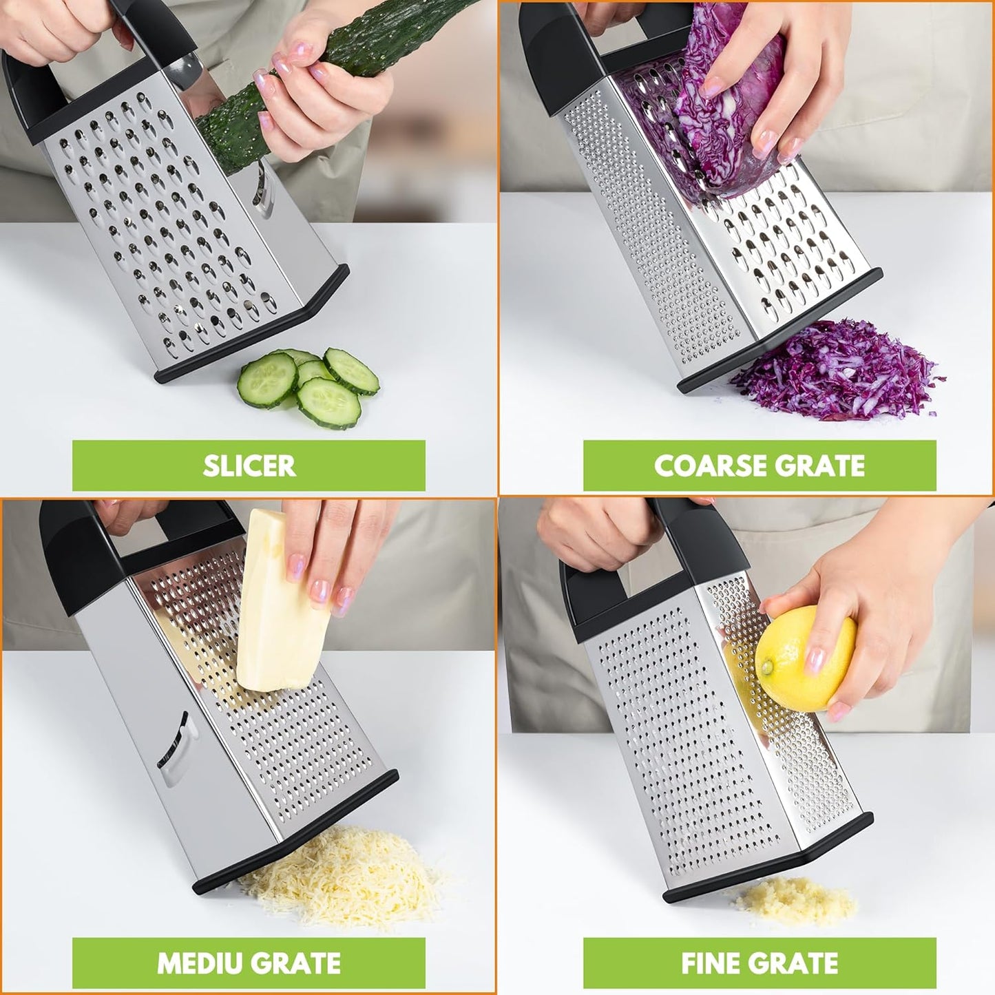 Urbanstrive Cheese Grater - Stainless Steel Box Grater with Container | Dishwasher Safe Kitchen Tool