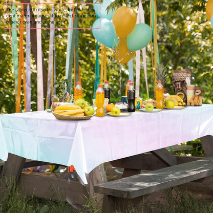Shiny Laser Tablecloths | 4-Piece White Iridescence Set - 40 x 108” Disposable Holographic Covers for Weddings & Parties