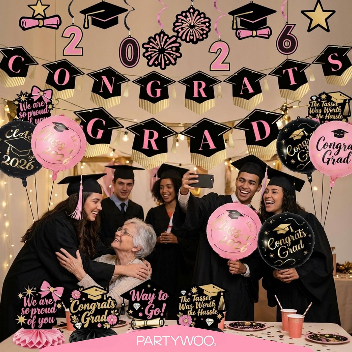PartyWoo Graduation Decorations - Class of 2026 Black, Gold & Pink 19-Piece Set with Banner & Balloons