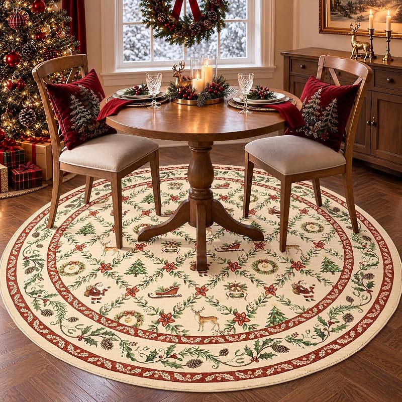 6ft Round Christmas Rug with Santa - Washable, Non-Slip Red Holiday Accent (Xmas Red+Round+6')