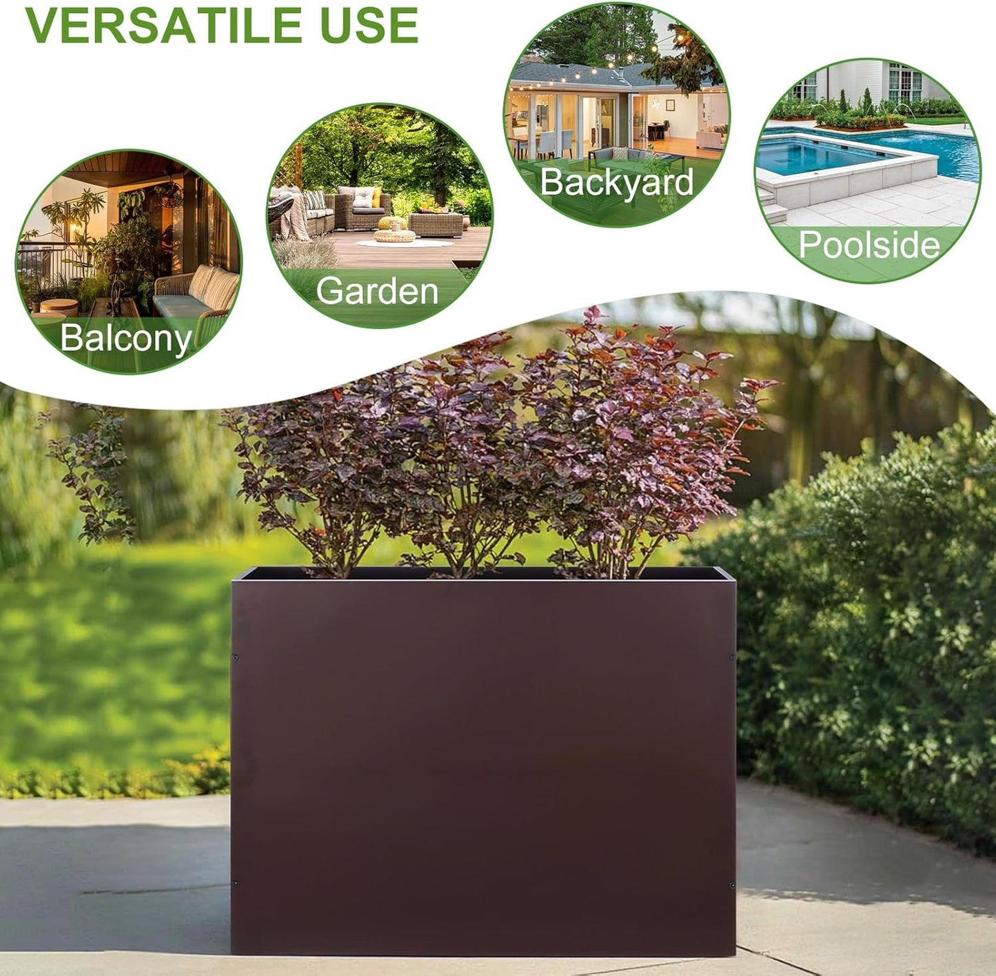 BAYN Metal Rectangular Planter Box - Modern Heavy-Duty Design with Drainage Holes | Brown, 32”x 12”x 24”