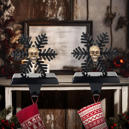 2 Pack Gothic Stocking Holder, Black Snowflake Skull Mantel Hangers - Variation: 2+Snowflake