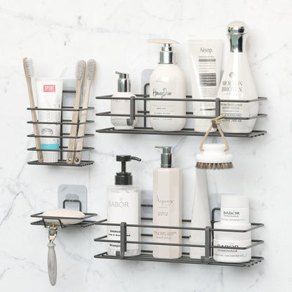 Dekula Adhesive Shower Caddy 4 Pack, Shower Shelves Organizer for Bathroom Storage, Rustproof Stainless Steel Bath Organizers, Kitchen, Adhesive or Screw, Soap Dish, Hooks, Wall Shelf