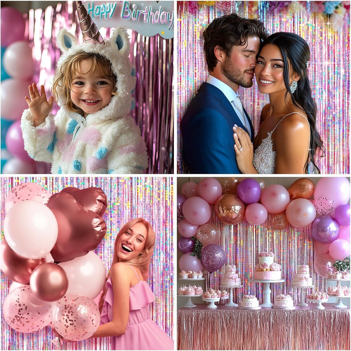 Pink Foil Fringe Curtain by [Brand Name] - 4 Pack Metallic Tinsel Backdrop for Birthday & Wedding Decor