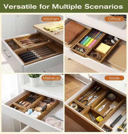 KOCWELL Bamboo Silverware Drawer Organizer - Multi-Use with Knife Block & 3 Removable Bins