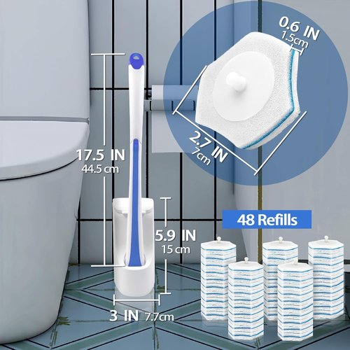 JEHONN Disposable Toilet Brush Set - 48 Cleaner Refills & Wall Mounted Holder - Blue Bathroom Cleaning System