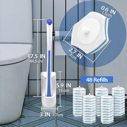 JEHONN Disposable Toilet Brush Set - 48 Cleaner Refills & Wall Mounted Holder - Blue Bathroom Cleaning System