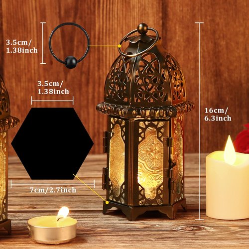 IMAGE Metal Candle Lantern - 6.7" Hanging Moroccan Birdcage Holder with Glass - Black for Home Decor